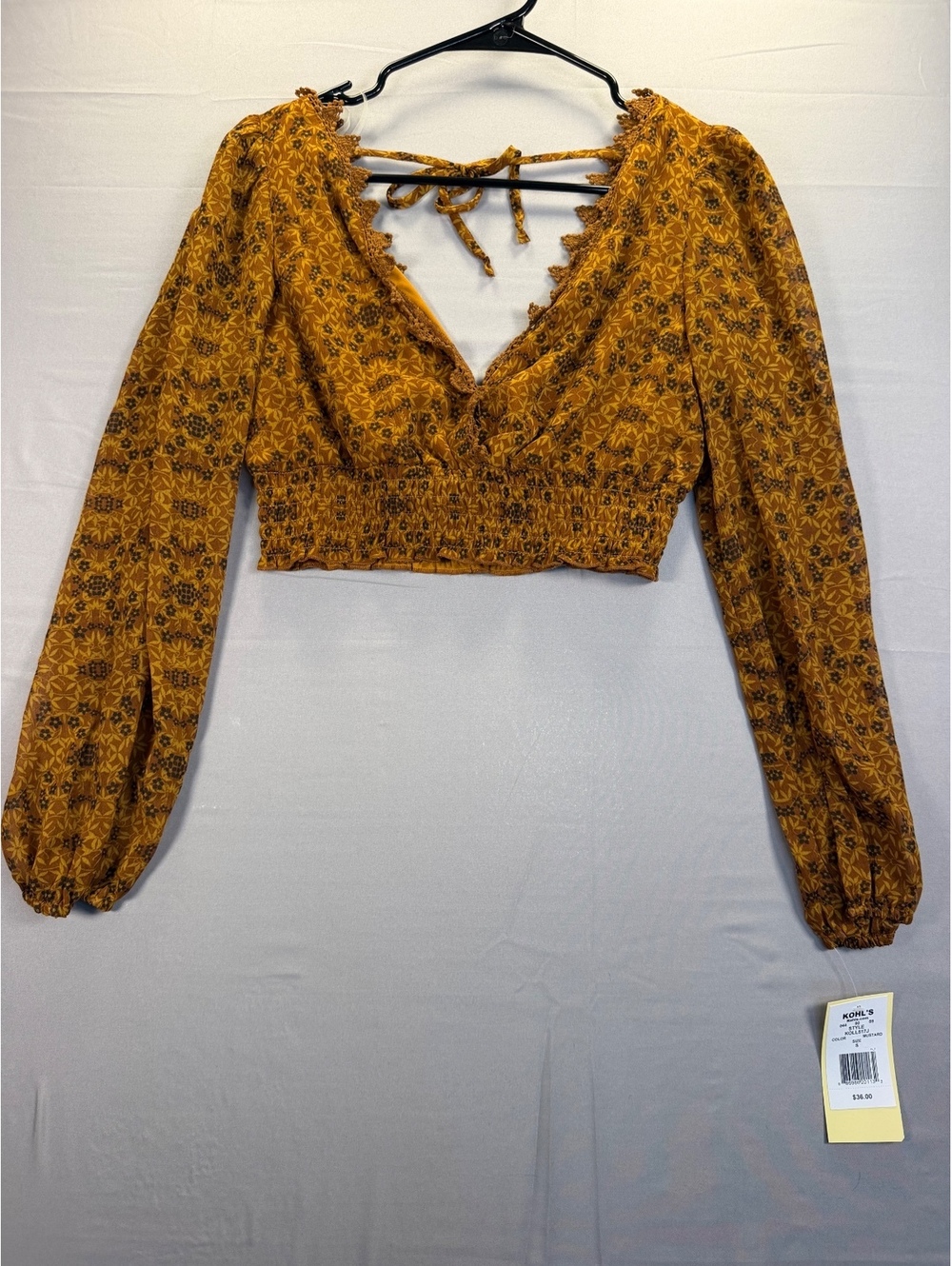 Kohl’s Floral Print Long Sleeve Crop Top Mustard Yellow Size M